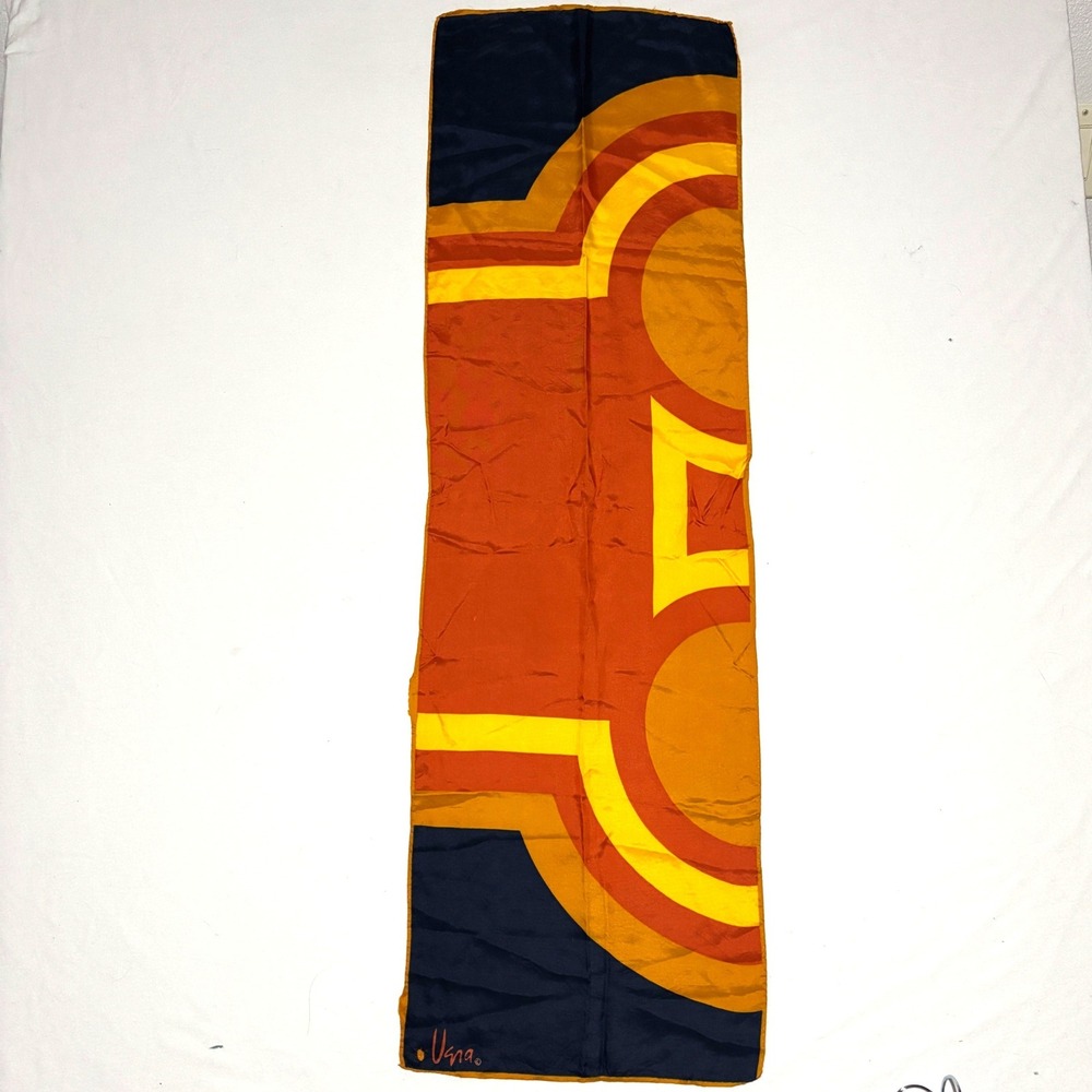 Vera Scarf Womens OS Navy Orange Yellow Vintage Silk Geometric Oblong